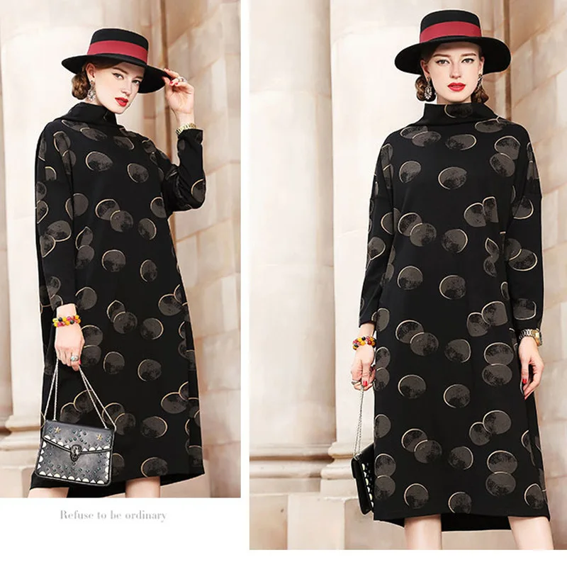 

High Collar Printed Floral Base Skirt 2018 Fall And Winter Clothes Women's New Style Korean-style Casual Fashion Long Loose-Fit