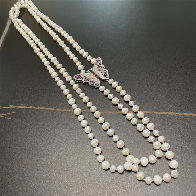 30-32'' 2 Strands White Round Pearl Purple Butterfly CZ Connector Long Necklace