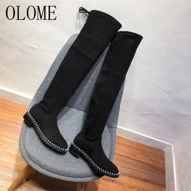 

OLOME New Fashion Black Women Over the Boots Round Toe Lace Up Pearls Thick Low Heel Women Autumn Winter Boots Shoes Woman