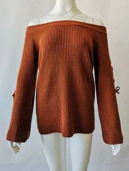 

2020 autumn and winter new European and American sweater women hot sale sexy strapless straps trumpet sleeve pullovers 66821