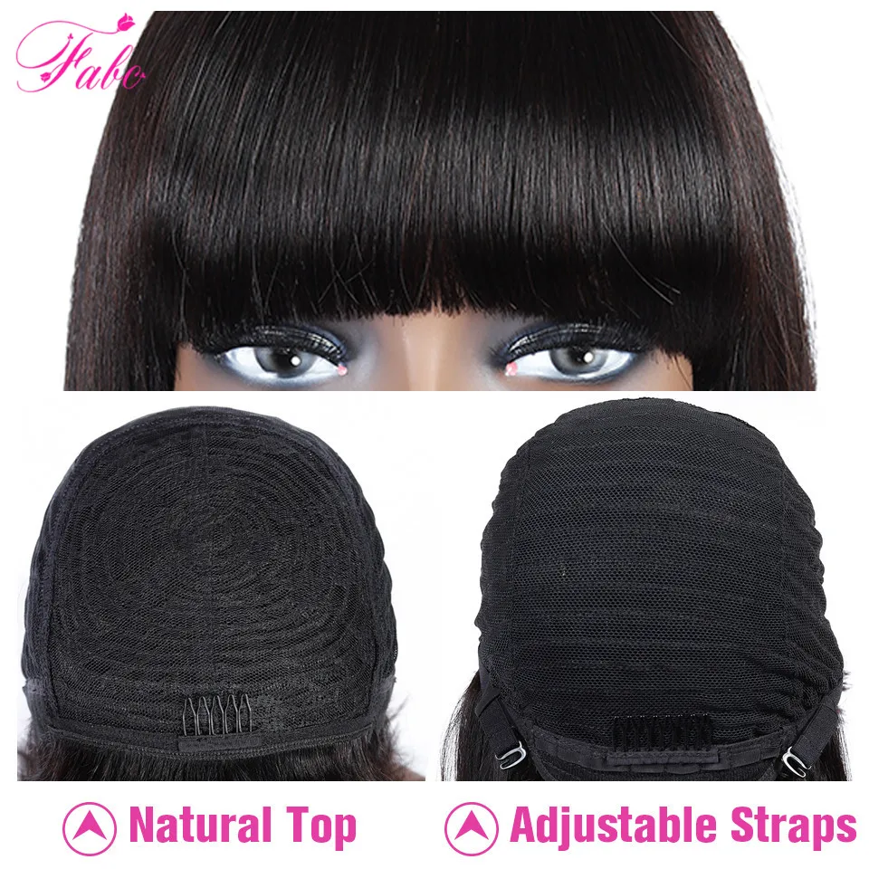 FABC-Peluca de cabello humano liso con flequillo para mujer, postizo de pelo corto peruano Remy, corte Bob, a máquina, 150%
