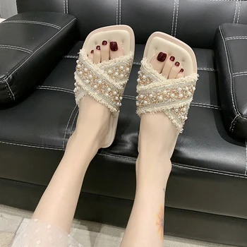 

Shoes Womens Slippers Outdoor Luxury Slides String Bead Pantofle Designer Flat 2020 Soft Basic Fabric PU Fashion Rubber Female