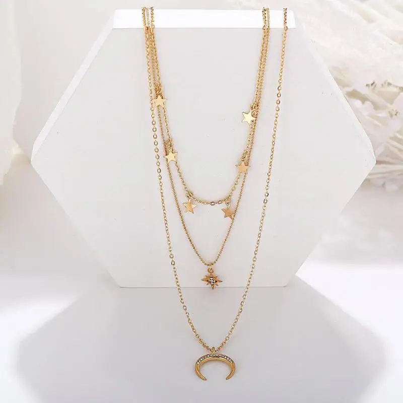 Glamour Necklace 2025 Fashion New Simple Temperament Eight Mans Star Crescent Pentagram Ms. Three-layer Necklace Gift 2