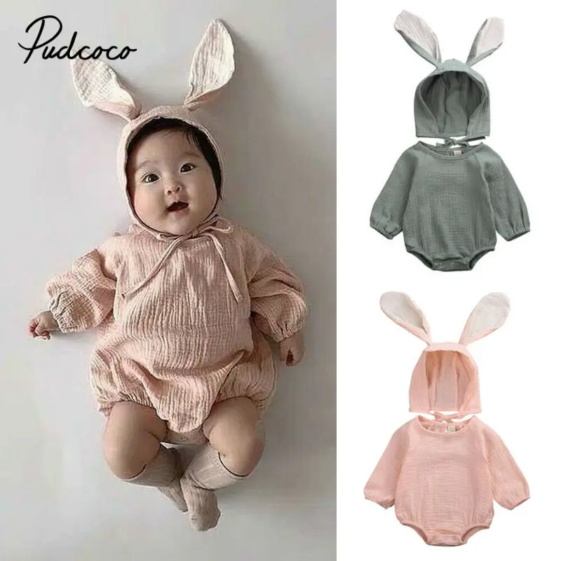 Pudcoco новорожденных девочек Комбинезоны Carters 3D уха кролик комбинезон с капюшоном +