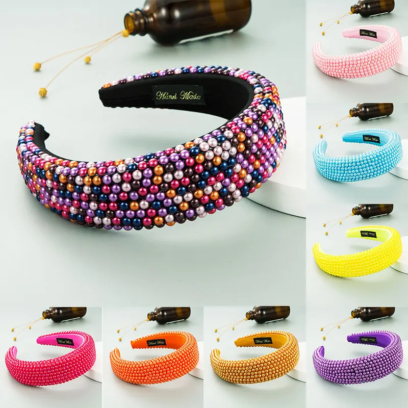

Bling Hair Accessories Wide Thicken Sponge Hair Hoop Solid Color Headband Full Pearl Padded Head Hoop Elegant Women Headwear