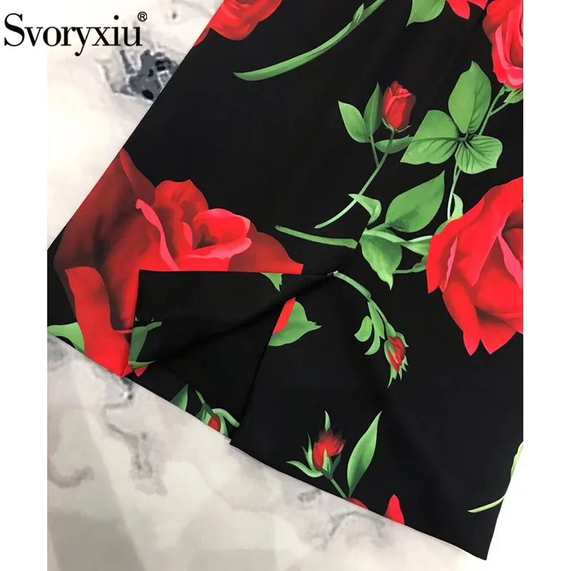 Svoryxiu осень зима модные одежды для представления женские элегантные 3/4 рукав большая красная роза цветочный принт винтажные черные вечерние платья
