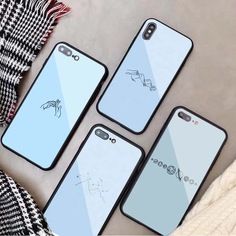 Синий минималистичный чехол из закаленного стекла для iPhone 5 5S SE 6 6plus 7 8 plus X XR XS Max 11