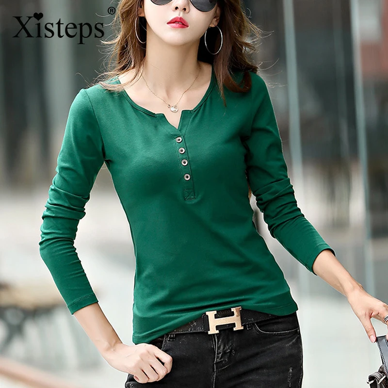 

Xisteps Cotton Tees Women Basic T shirts Autumn Woman Slim Tops Long Sleeve Casual Female Large Size Clothings White Green