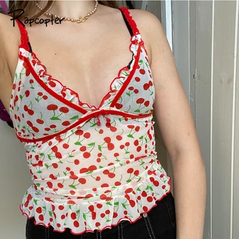 

Rapcopter Cherry Mesh Y2K Top Women See Through Camis Frill Bow Cute Tee Tops Summer Top Backless Slim Sexy Crop Top E-Girl Tops