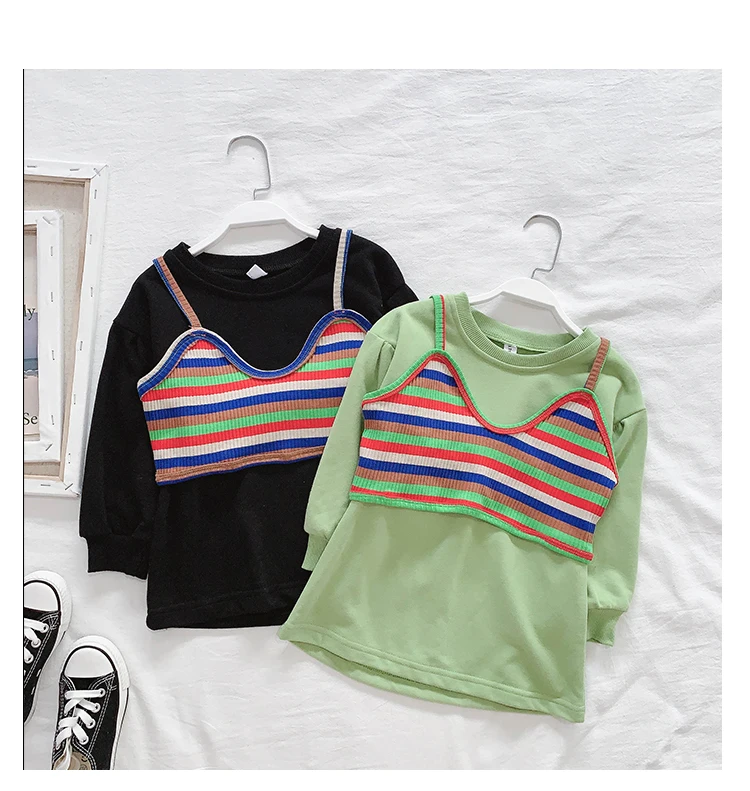 Весенне-осенний свитер для девочек длинная футболка для малышей Топы для детей, Детская уличная одежда жилет в радужную полоску на бретелях для детей от 2 до 7 лет