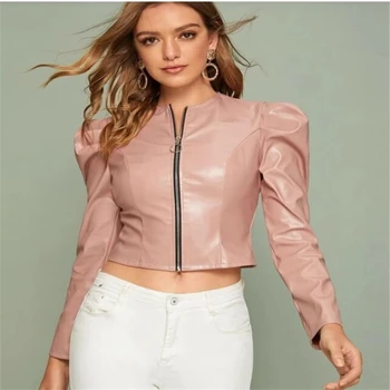 

Women Zip Up PU Leather Jacket Leg-of-mutton Long Sleeve Cropped Coat Solid Color Outfit for Autumn Winter Outwear