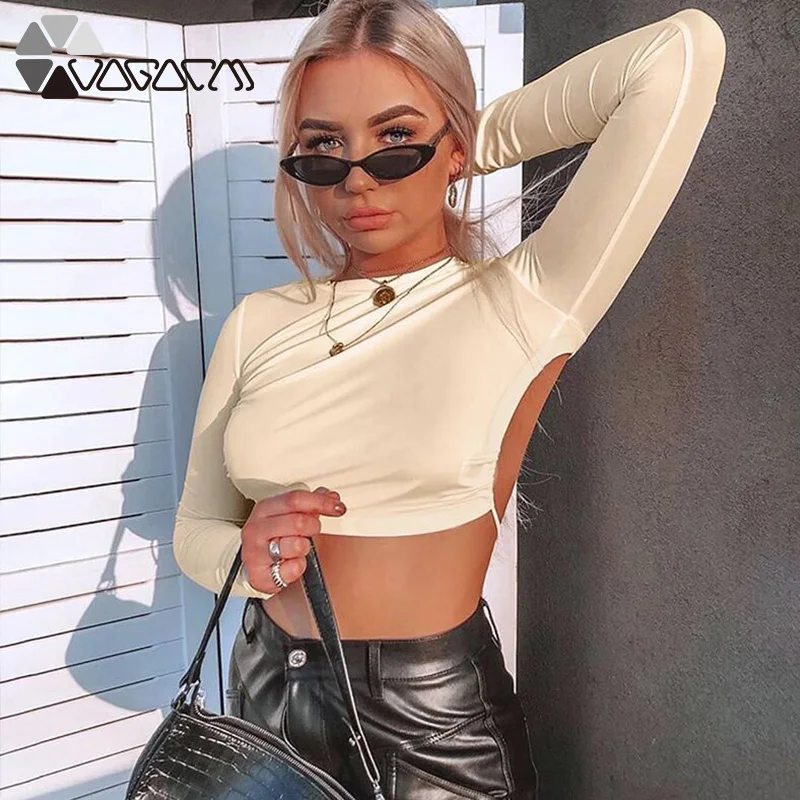 

Women Bottoming Shirts Sexy Backless o Neck Long Sleeve Tshirt Solid Color Spring Fall Slim Strap Lace Up Crop Top Streetwear