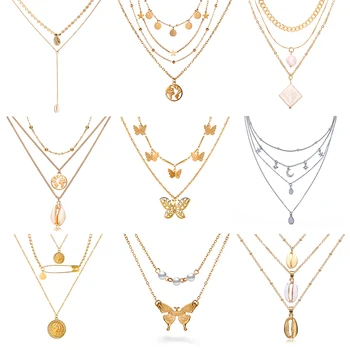 

17KM New Butterfly Pendant Necklaces For Women Fashion Moon Charm Gold Multilayer Choker Necklace 2020 Bohemian Jewelry