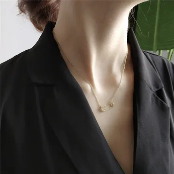 

POFUNUO Korean Style 925 Sterling Silver Girls 18K Gold Pins Charm Chokers Women Fashion Curb Chain Minimalist Short Necklace
