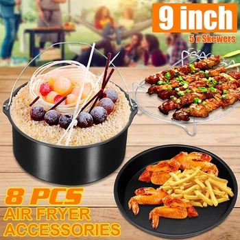 

8pcs Air Fryer Accessories 9 Inch Fit for Airfryer 5.2-6.8QT Baking Basket Pizza Plate Grill Pot Kitchen Cooking Tool for Party