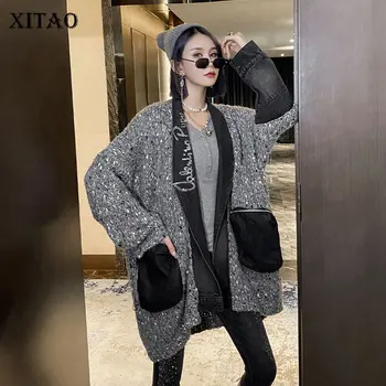 

XITAO Patchwork Jacket Fashion New Women Pocket Plus Size 2020 Autumn Full Sleeve Goddess Fan Casual Loose Coat Top DZL2057