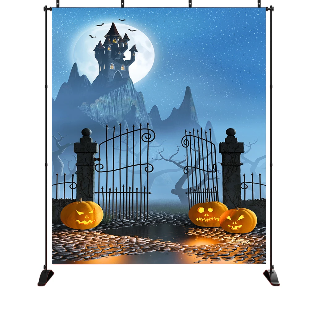 

Halloween full moon star photography background Castle on the cliff Strange tree pumpkin Photography Photo Background