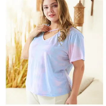 

Women T-shirt 2020 Summer Short Sleeve V Neck Tie Dye Workout Fitness Top Tees Plus Size Orange Blue 4XL 3XL