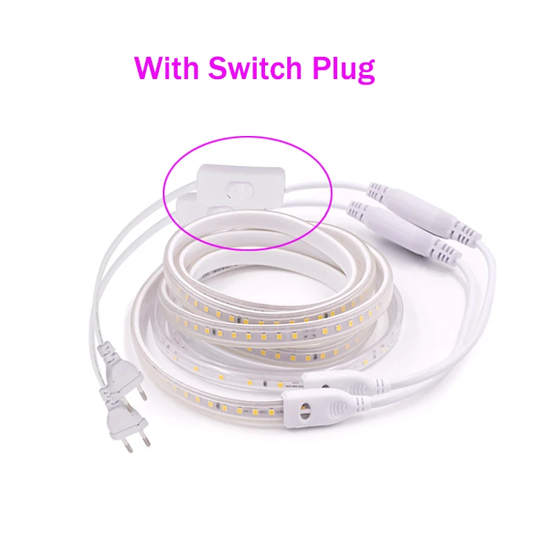 with Switch Plug 220V Светодиодные ленты светильник высокой яркости SMD2835 60 Светодиодный s/M, 120 светодиодный s/М гибкий светодиодный лента с ЕС переключение вилок Водонепроницаемый светодиодный ленточный Декор - Испускаемый цвет: with Switch Plug