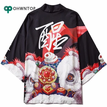 

Harajuku Chinese Dancing Lion Print Kimono Cardigan Jackets Streetwear Hip Hop Casual Loose Coat Shirts Men Japanese Kimonos Men