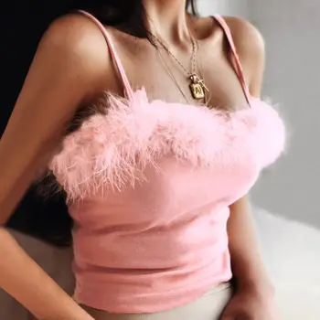 

Sexy Pink Off Shoulder Crop Tops Women Lace Up Fur Straps Bandeau Tank Top Casual Sleeveless Cami Vest Tops