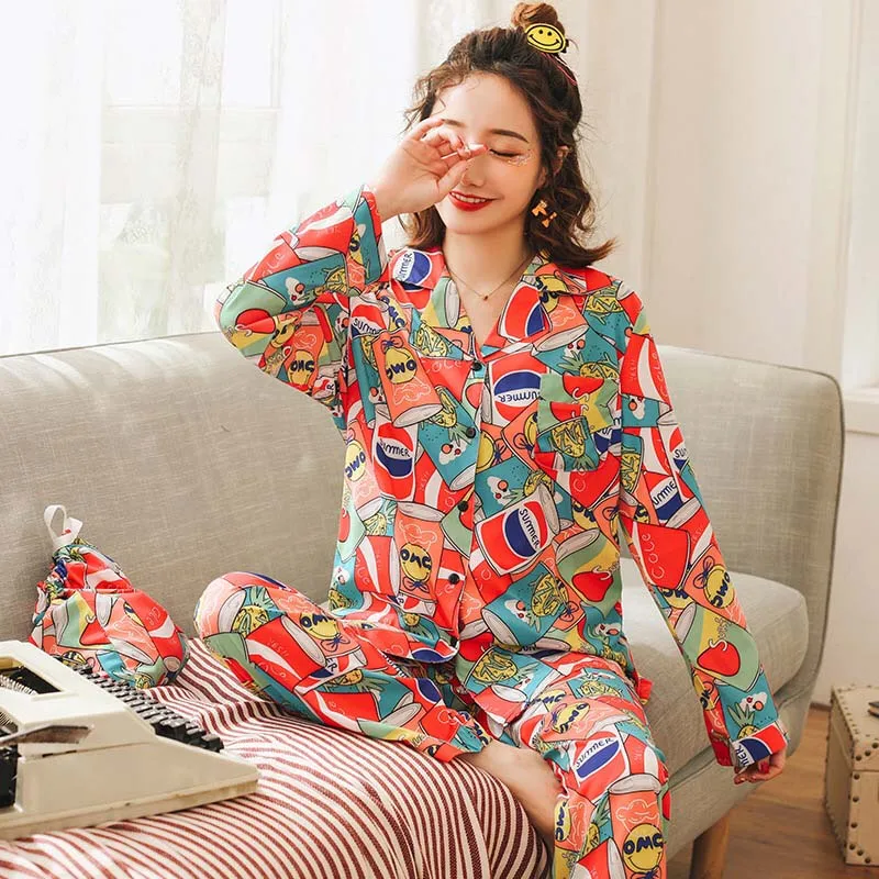 Autumn Fashion New Colorful Pajamas Set Ladies Comfort Soft Ice Silk Long Sleeve Homewear Femme Satin Long Sleeve Sleepwear