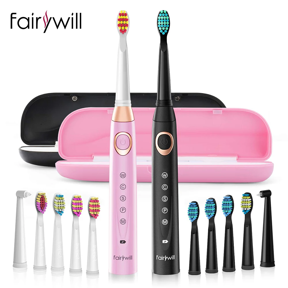 Fairywill Electric Sonic Toothbrush Adult Waterproof USB Rechargeable 5 Mode Travel Toothbrush with 10 Replacement Heads Set