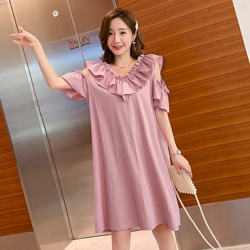 

Pregnant Women Dress Summer Wear 2019 New Style Korean-style Fashion Hot Mom Mid-length V-neck off-Shoulder Flounced xi dai qun