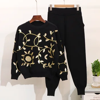 

2019 New Fashion Autumn Winter Women's Golden-leaf Embroidered Knitted Sweater + Leisure Pants Two-piece Leisure Pants Suit