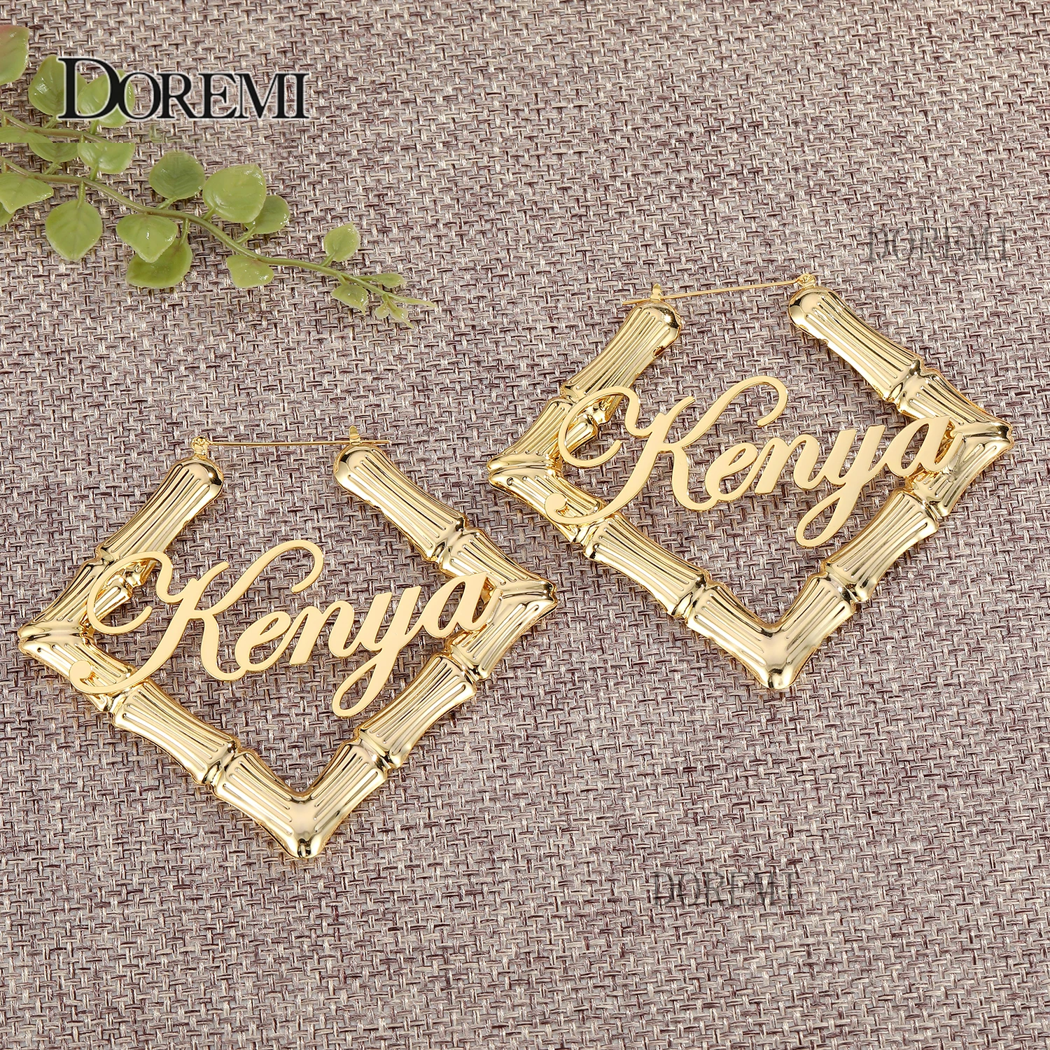 DOREMI 70/90mm Stainless Steel Bamboo Squar Shape Earrings Customize Name Earrings Bamboo Style Custom Hoop Earrings  Numbers