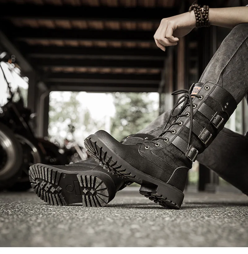 VESONAL/Коллекция года; сезон осень-зима; кожаные ботинки в байкерском стиле; мужская обувь с металлической цепочкой в винтажном стиле; классические мужские повседневные ботинки до середины икры; обувь