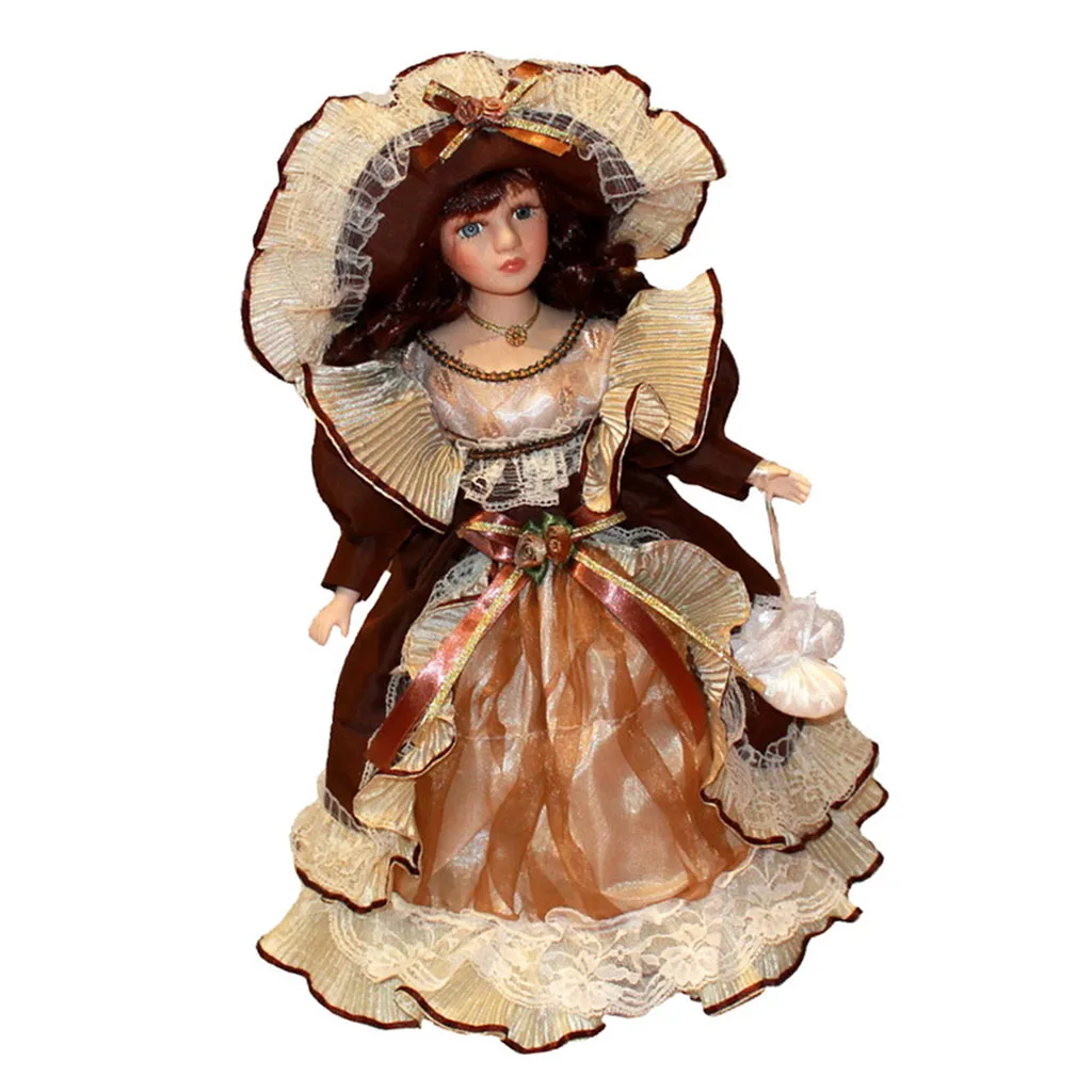 40cm Vintage Style Porcelain Dolls In Dress Hat With Display Stands