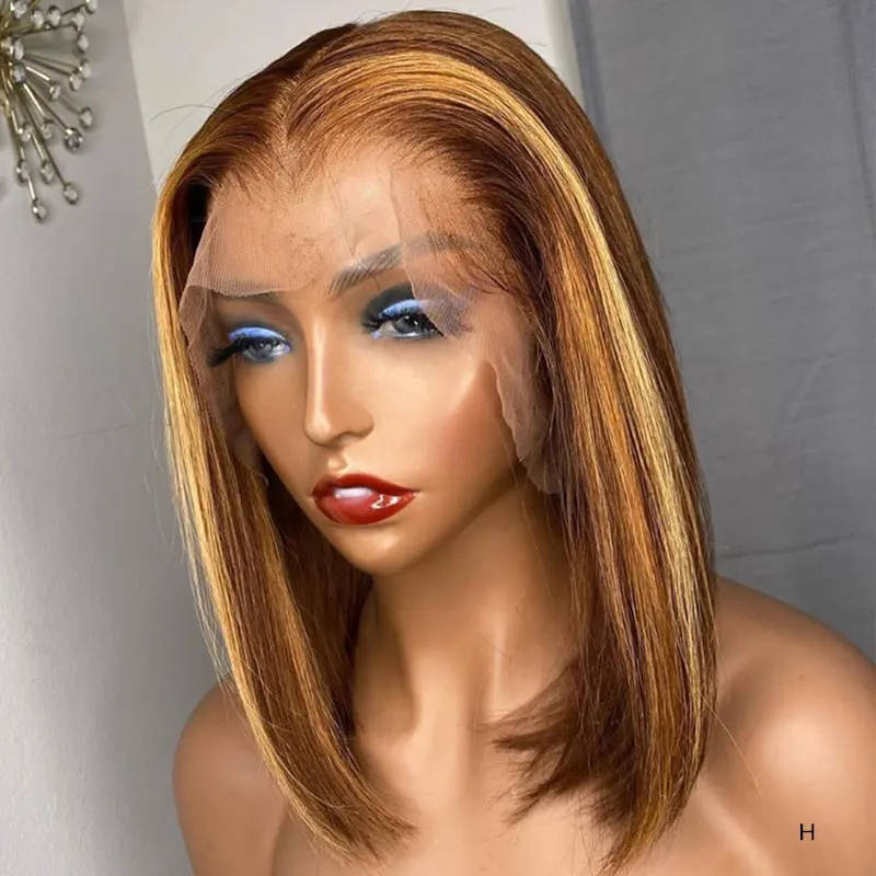 Perruque Raides Courte Lace-Frontal Humain 13x4 Cheveux BOB Surligner Pr Plum Remy-H