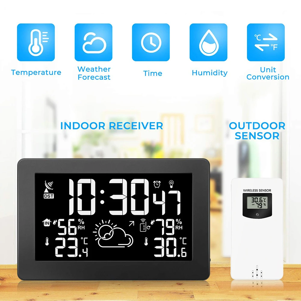 

Weather Forecast Clock VA Big Screen Display Humidity Radio Wave EU Plug Indoor and Outdoor Humidity/Temperature Display