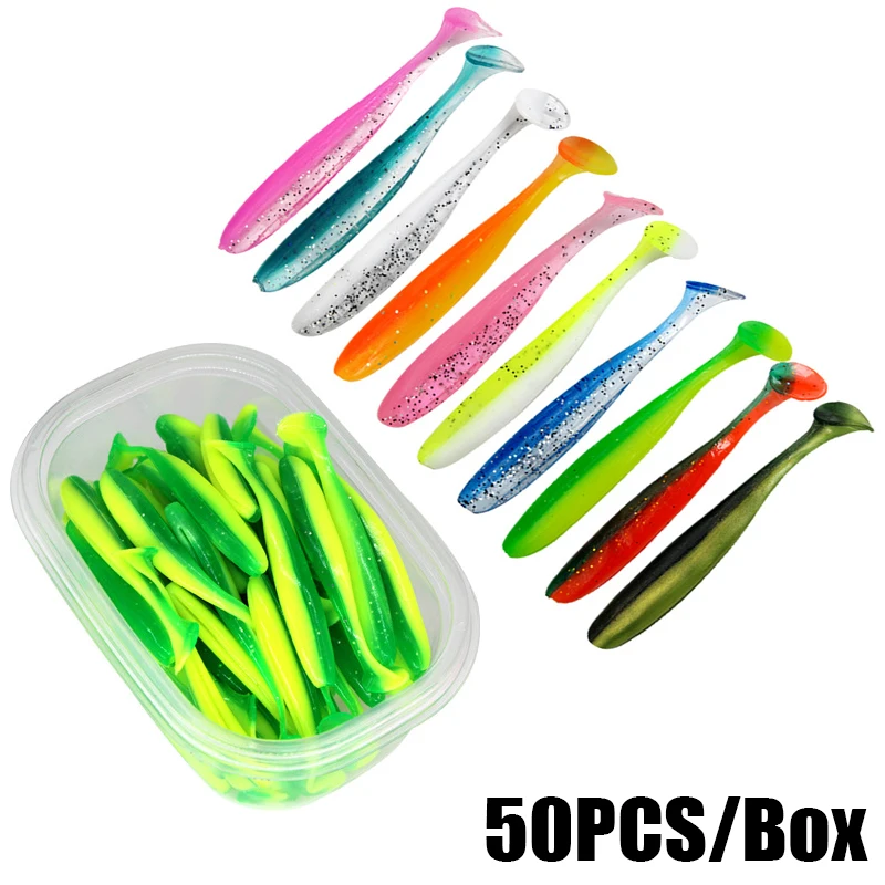 

50Pcs/Box Fishing Soft Lure 5.5cm 7cm 9cm Wobbler Worm Bait T Tail Aritificial Swimbait Bass Pike Fishing Tackle Pesca