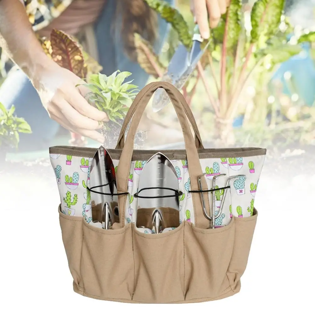 Garden Tool Storage Bag Cactus Pattern Canvas Outdoor Multi Pocket Gardening Tool Organizer Tote Bag Carrier