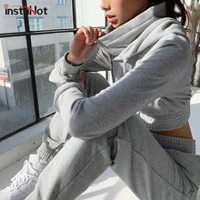 InstaHot/серые хлопковые комплекты из двух предметов для женщин; сезон зима-осень; брюки с капюшоном и эластичным шнурком; Повседневный укороченный топ с высоким воротником; Trackduit