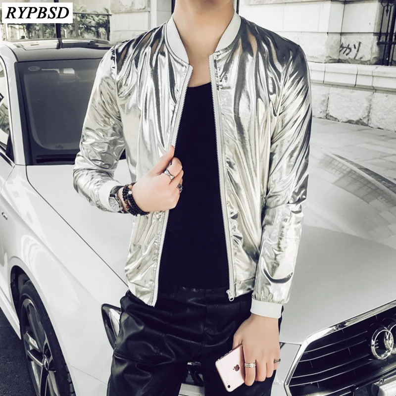 Chaqueta Bomber plateada brillante para hombre, abrigos reflectantes ropa de calle elástica, Hip Hop, para escenario en club nocturno _ - AliExpress