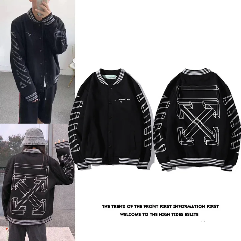 

Tide brand OFF OW WHITE line arrow sketch men and women couple autumn and winter baseball uniform woolen jacket jacket