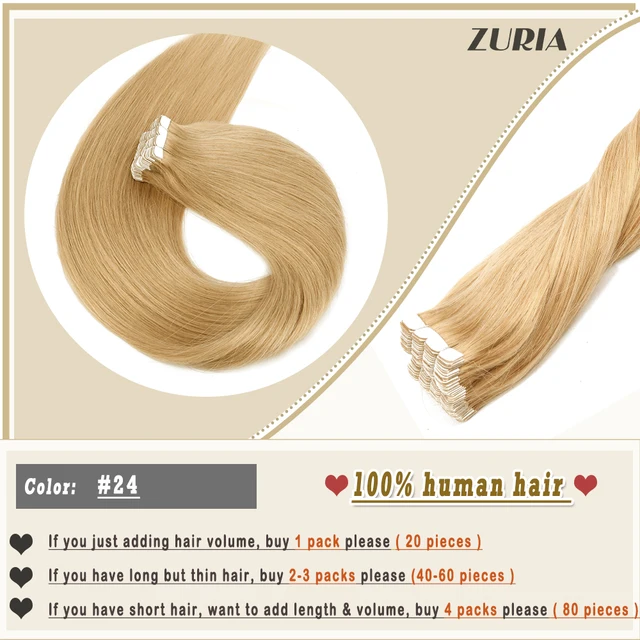 ZURIA Mini Tape In Hair Extensions Machine Remy Natural Hair Extensions Human Hair Straight 20 Inchs Seamless Adhesive Skin Weft #24