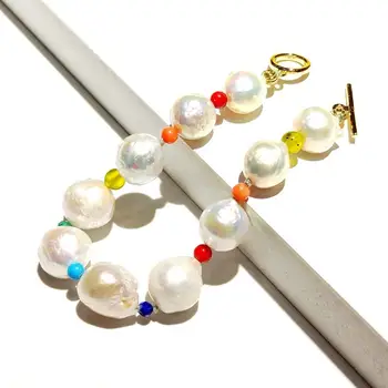 

Lii Ji Baroque Pearl Colorful Natural Stone White Freshwater Pearl Copper Gold Plated Bracelet Fashion Bracelet