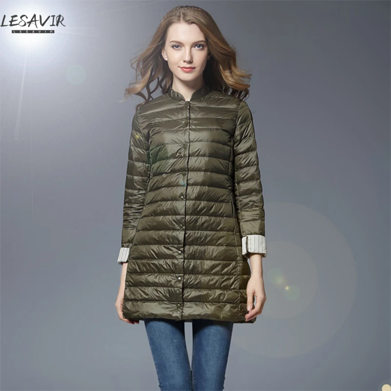 

2020 Winter New Commuter Light And Thin Mid-length Down Jacket Women's Lightweight Stand-up Collar Jacket Large Size