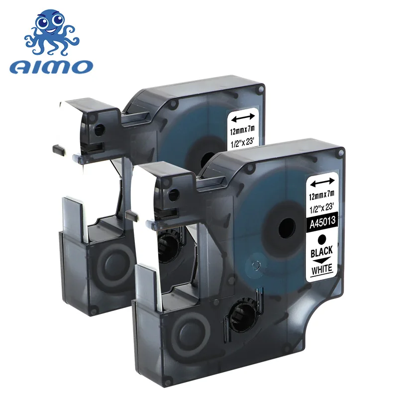 AIMO 2 шт. 12 мм Совместимость с кассетами для Этикеток Dymo D1 45013 черный на белой ленте