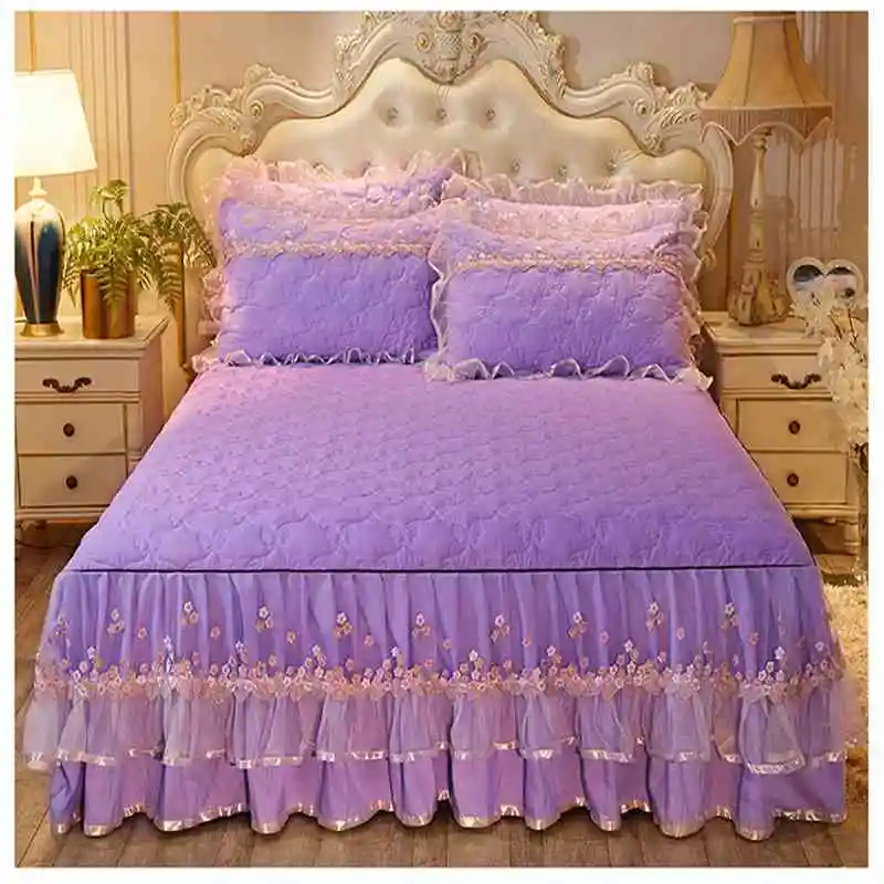 Синий фиолетовый кружевной постельный комплект постельное белье для принцессы наматрасник толстый твердый покрывала постельные простыни для девочки - Цвет: C