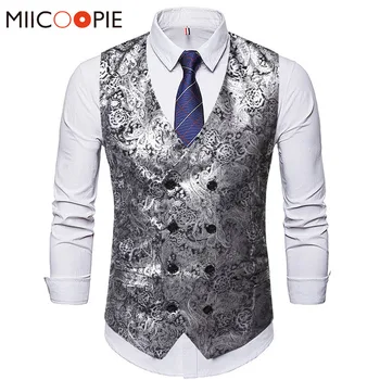 

Floral Printed Silver Bronzing Suit Vest Men Wedding Dress 2019 Brand Double Breasted Chaleco Hombre Sleeveless Formal Waistcoat