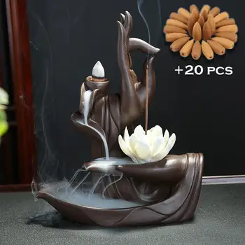 

Ceramic Backflow Incense Burner Tathagata Buddha Lotus Incense Stick Holder Smoke Waterfall Home Decor With 20 Pcs Incense Cones