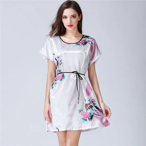 Chinese Vintage Print Lady Robe Dress Nightgown Summer Nightdress Sleepwear Women Satin Rayon Nightwear Bath Gown One Size