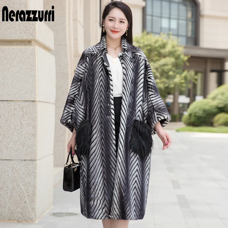 Nerazzurri Winter Oversized Thick Warm Fluffy Faux Mink Fur Coat Women with Fox Fur Pockets Designer Loose Korean Fashion 2021
