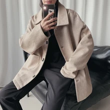 Новинка зимы Корейская версия шерстяной Теплая куртка модная Повседневное однотонные Цвет свободная однобортная Тренч серого цвета/цвета хаки