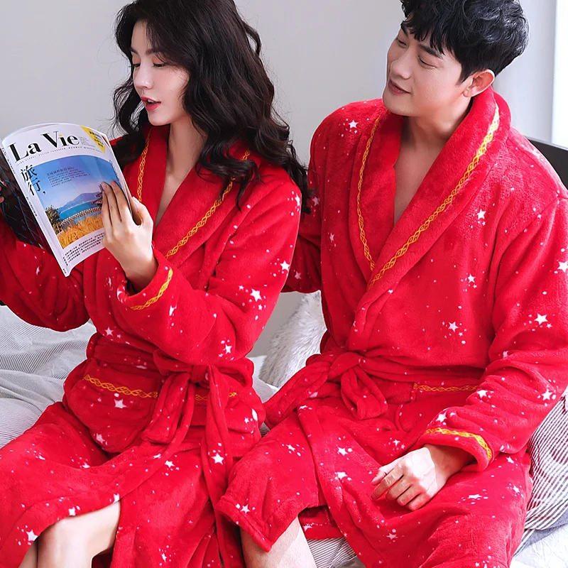 Зимний теплый коралловый флисовый халат для пар, домашняя одежда, банный халат с длинными рукавами, мужское женское кимоно, ночная рубашка, пеньюар - Цвет: 002